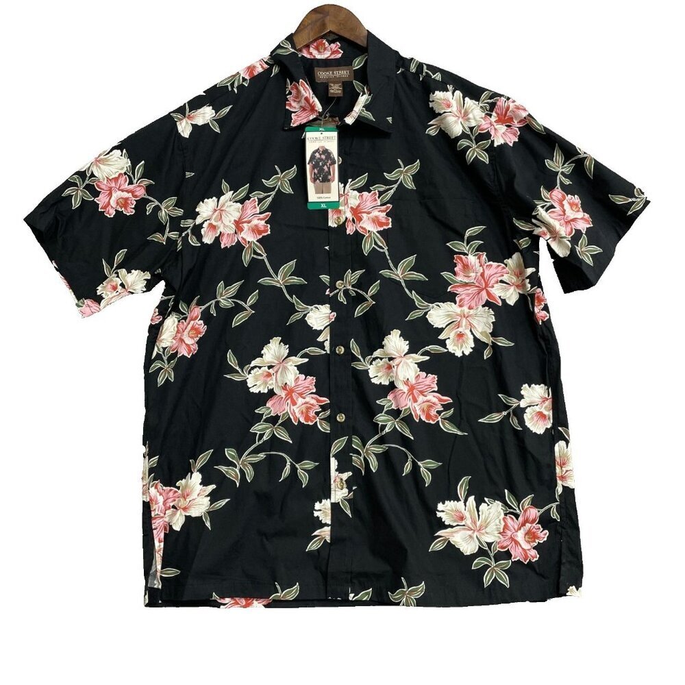 Cooke Street Men's XL Hawaiian Shirt Black Floral 100% Cotton N0711